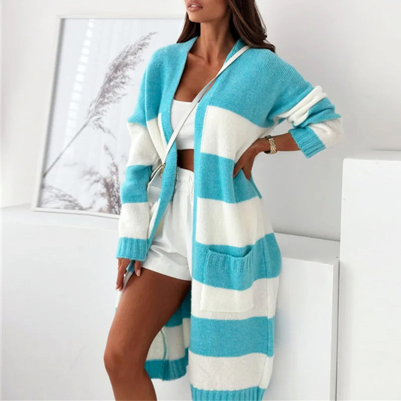 WW | Damen Lange Gestreifte Strickjacke mit Langen Ärmeln und Taschen