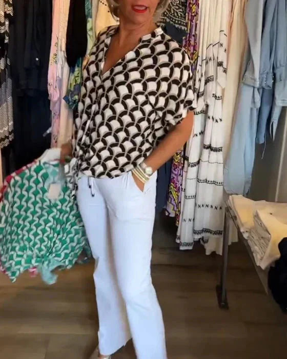 WW | Top Women's Loose Fit V-Neck Short Sleeve Blouse