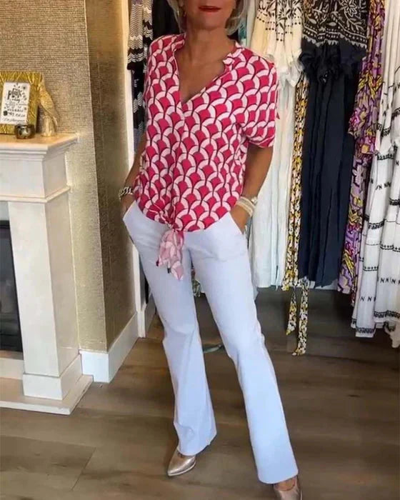 WW | Top Women's Loose Fit V-Neck Short Sleeve Blouse