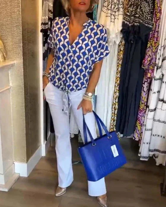 WW | Top Women's Loose Fit V-Neck Short Sleeve Blouse