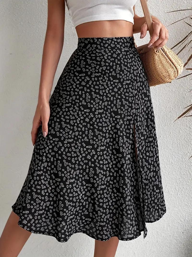 WW | Sommerrock, floral, geteilt, Midi-Rock, Rock mit hoher Taille