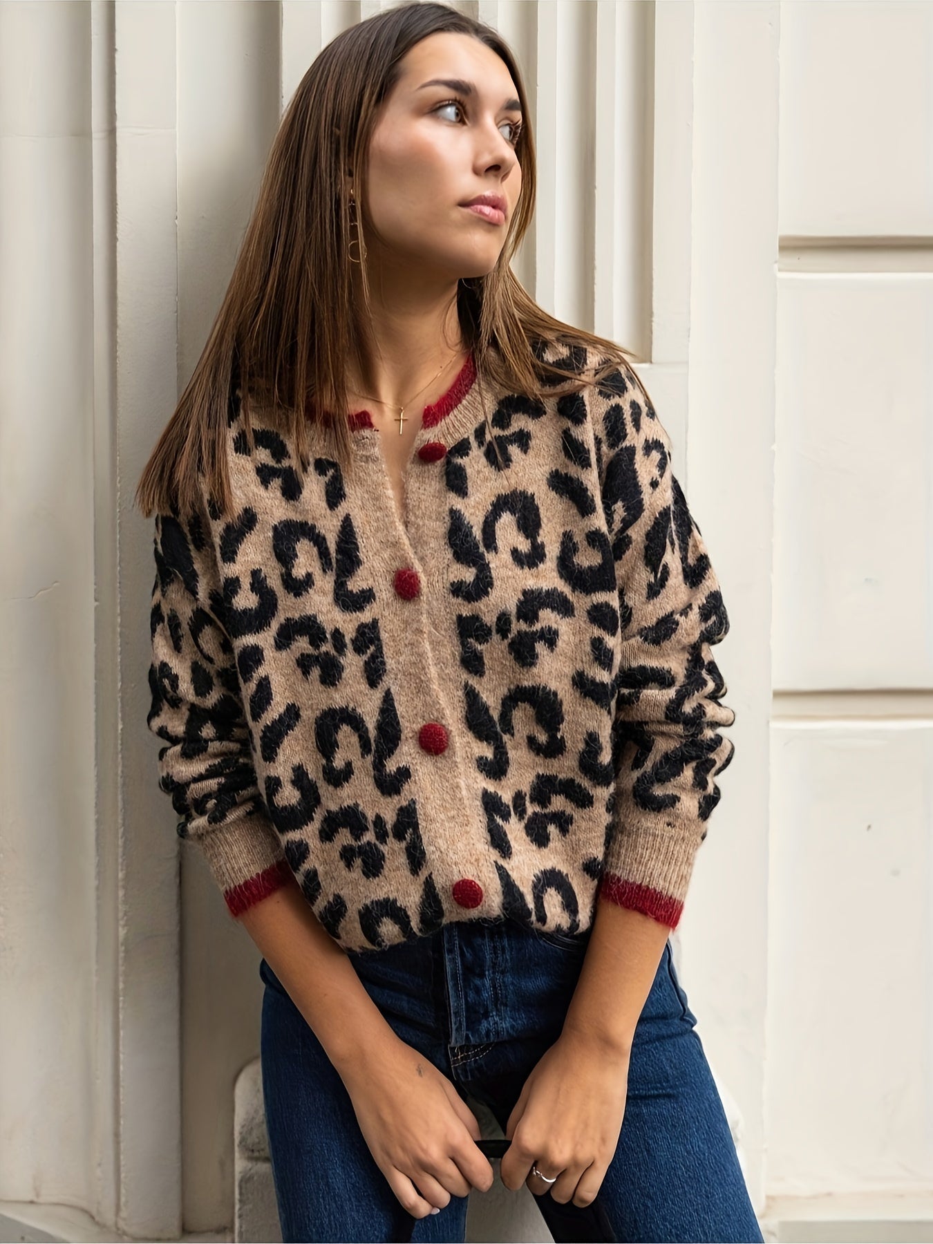 WW | Stilvoller Leopardenmuster Strickjacke Mit Knopfverschluss