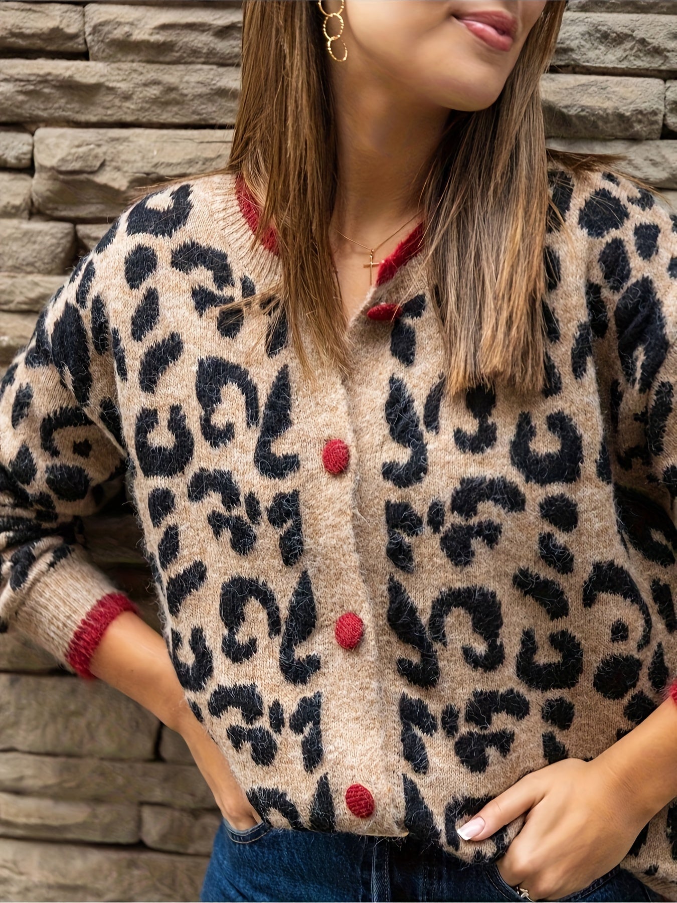WW | Stilvoller Leopardenmuster Strickjacke Mit Knopfverschluss