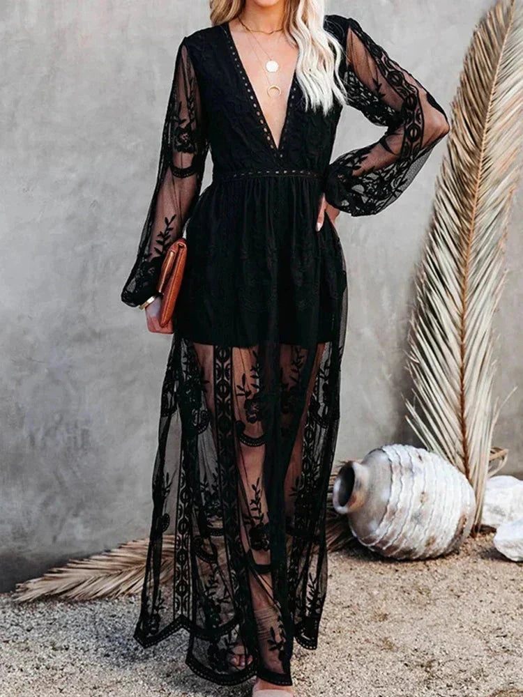 WW | V-Ausschnitt Lange Ärmel Maxikleid Sommerkleid