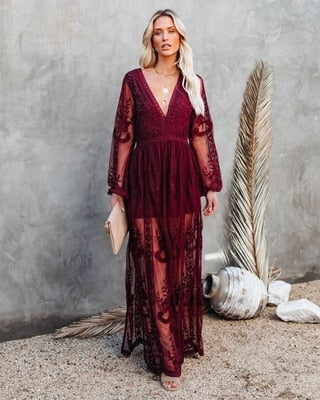 WW | V-Ausschnitt Lange Ärmel Maxikleid Sommerkleid