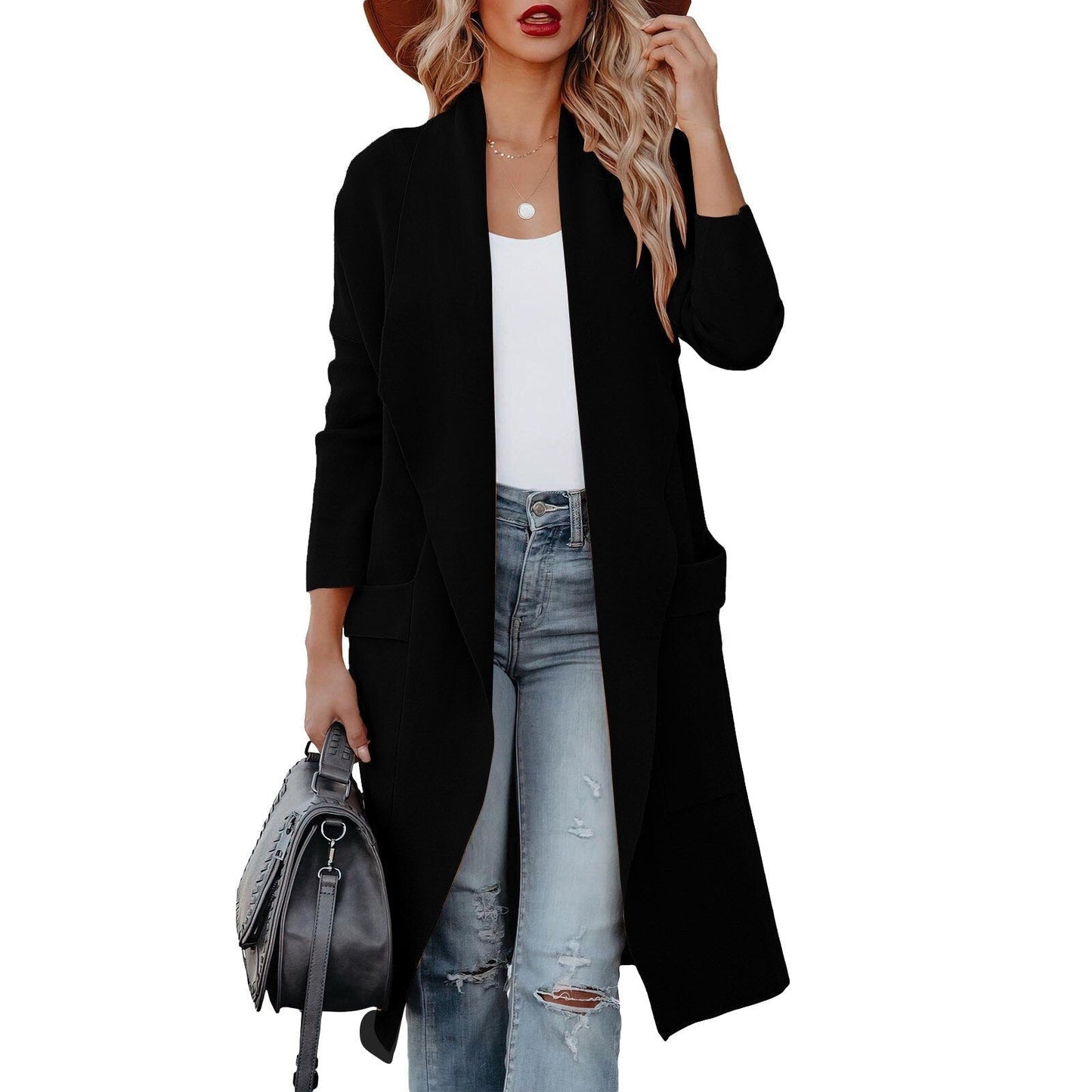 WW | Damen Casual Lange Cardigan mit Taschen und Offener Vorderseite
