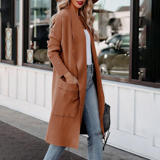 WW | Damen Casual Lange Cardigan mit Taschen und Offener Vorderseite
