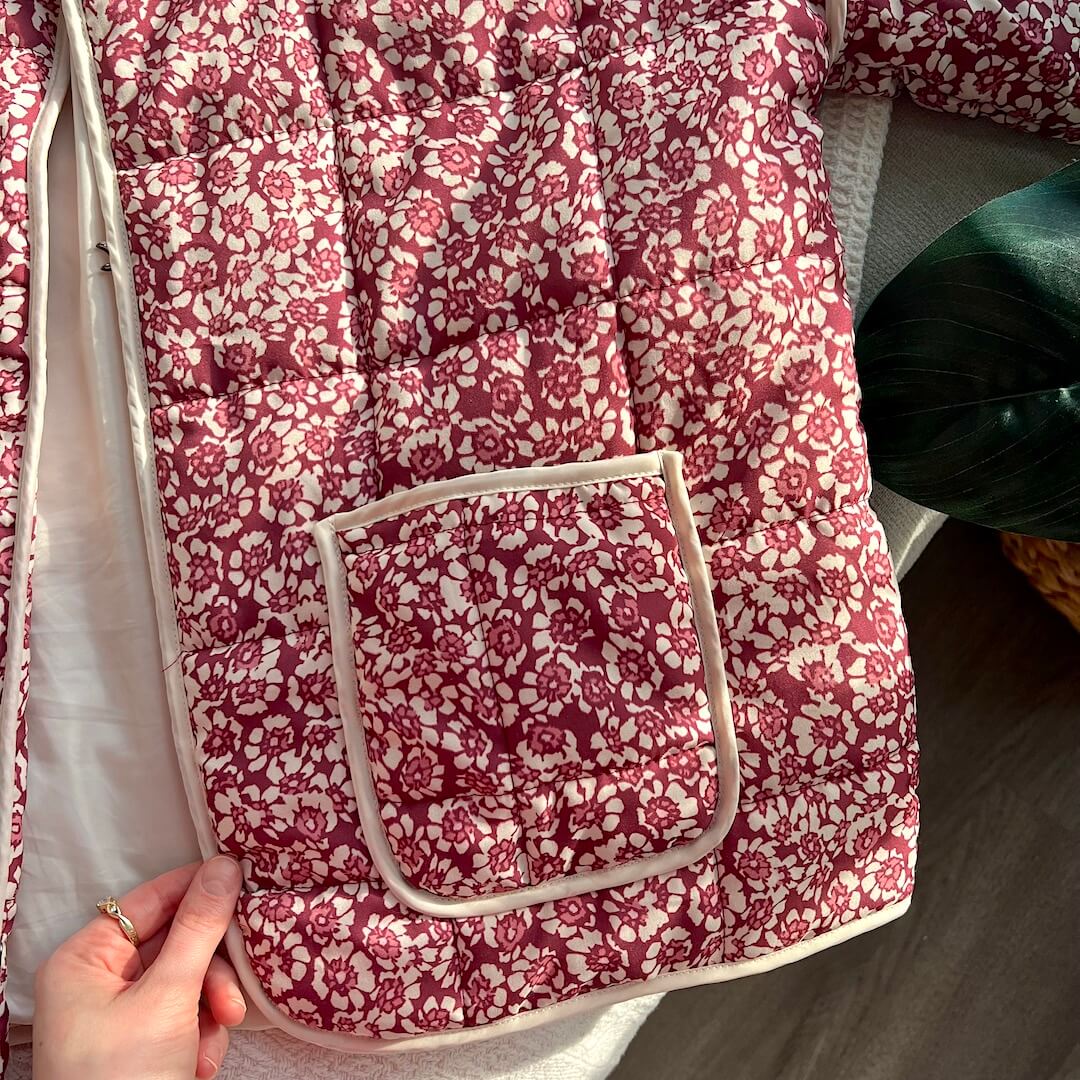 WW | Damen Blumen Gestepptes Jacke mit Taschen und Langen Ärmeln