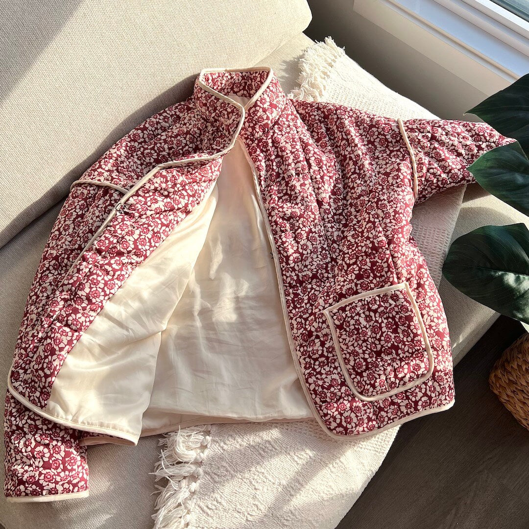 WW | Damen Blumen Gestepptes Jacke mit Taschen und Langen Ärmeln