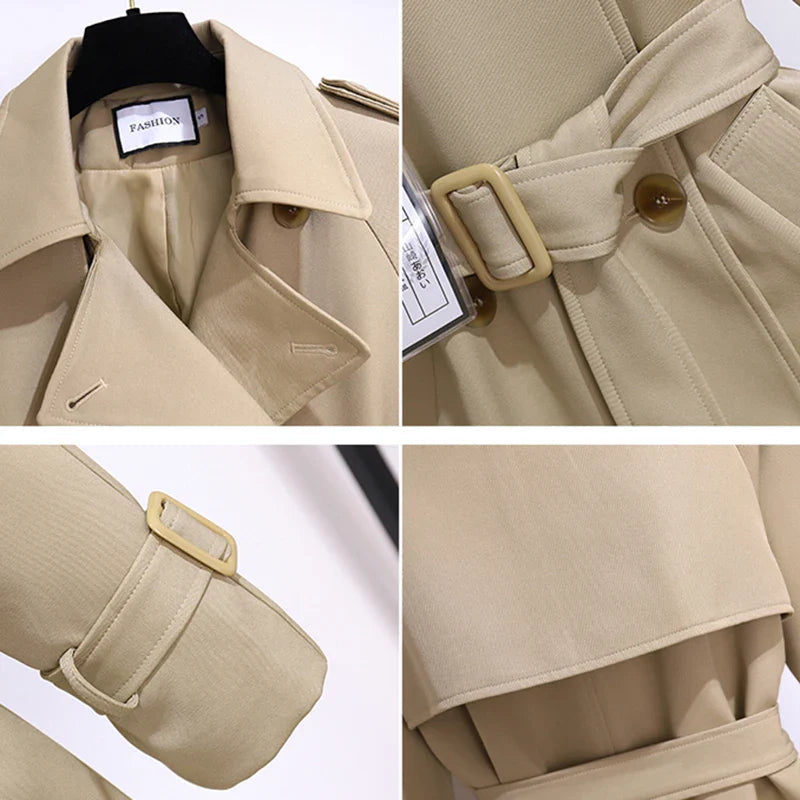 WW | Damen Lange Trenchcoat mit Gürtel und Doppelknöpfen