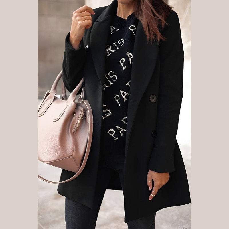 WW | Damen Stilvolle Lange Winterjacke mit Knopfverschluss und Reverskragen