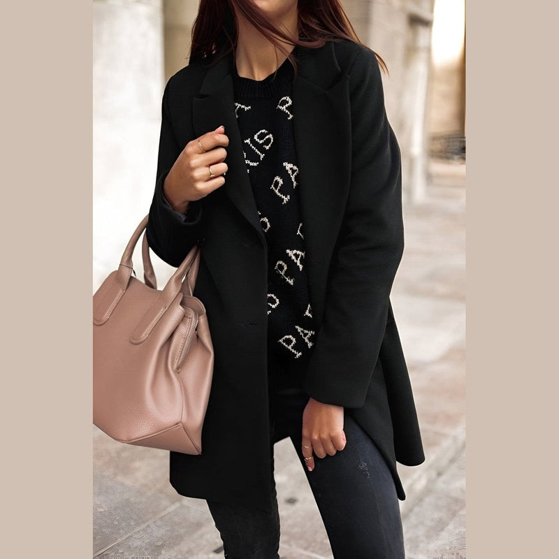 WW | Damen Stilvolle Lange Winterjacke mit Knopfverschluss und Reverskragen