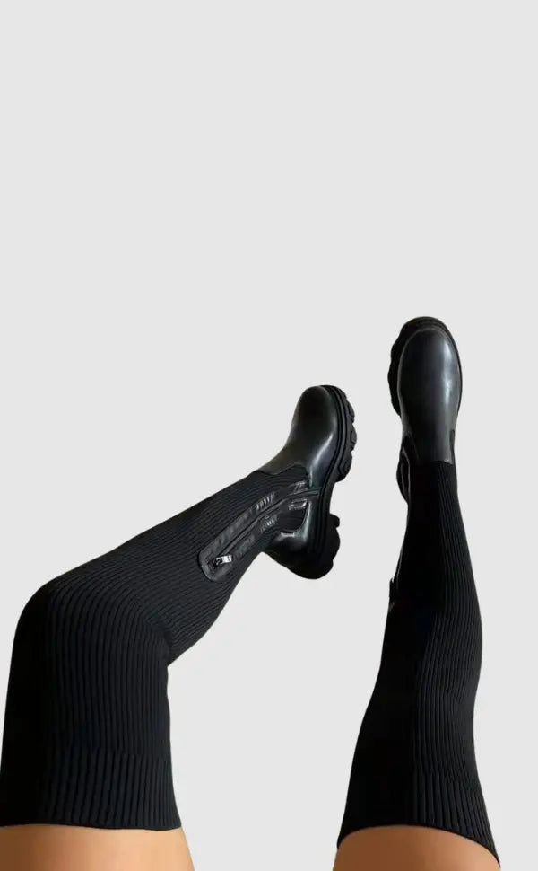 WW | Stretch Knit Black Knee-High Boots for Women – Comfortable Long Boots with a Sleek Design