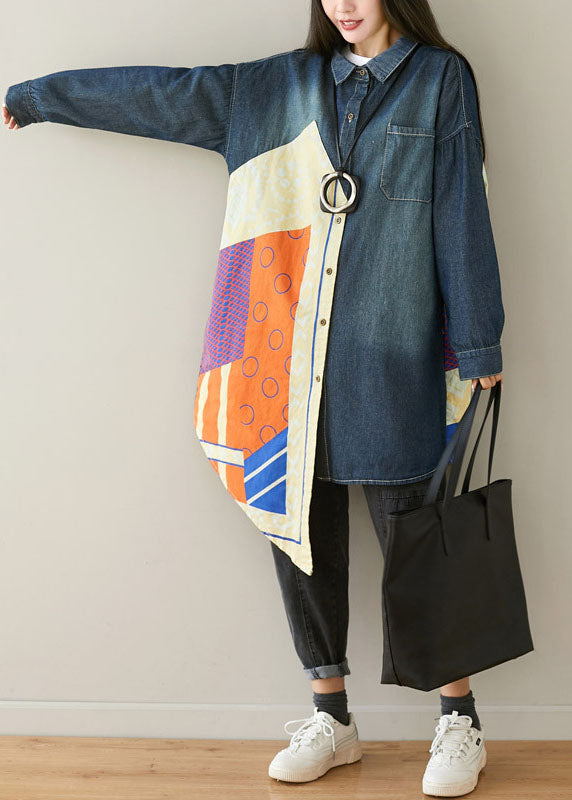WW | Blue Asymmetrical Pockets Patchwork Cotton Denim Coats