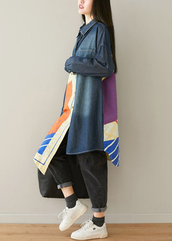WW | Blue Asymmetrical Pockets Patchwork Cotton Denim Coats