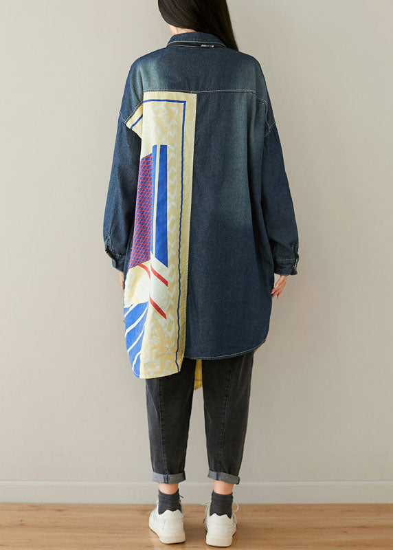 WW | Blue Asymmetrical Pockets Patchwork Cotton Denim Coats