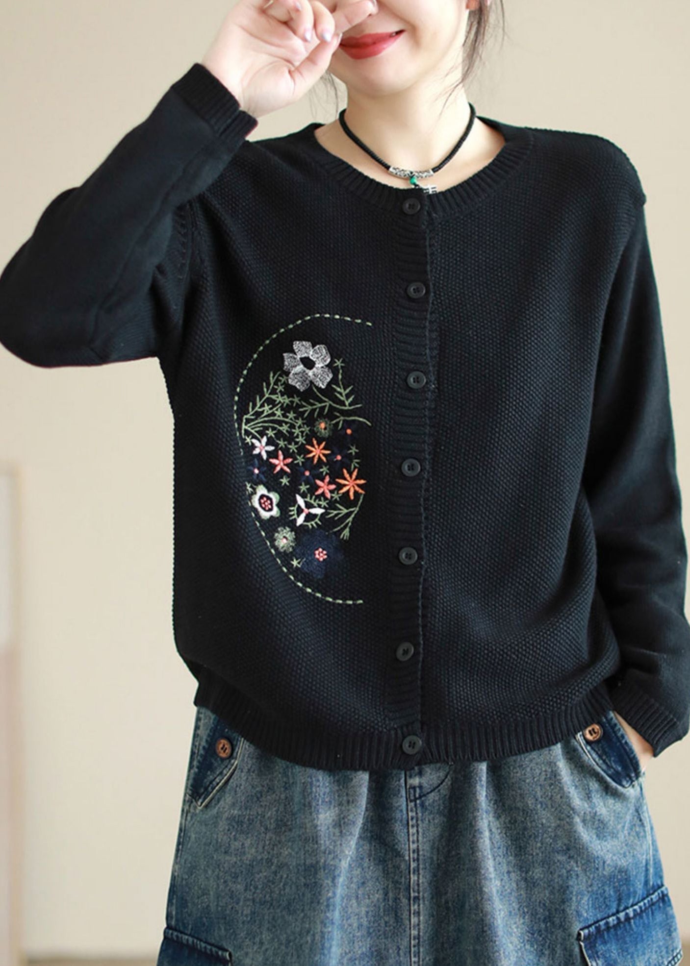WW | Coffee Embroidered Button Patchwork Knit Cardigans
