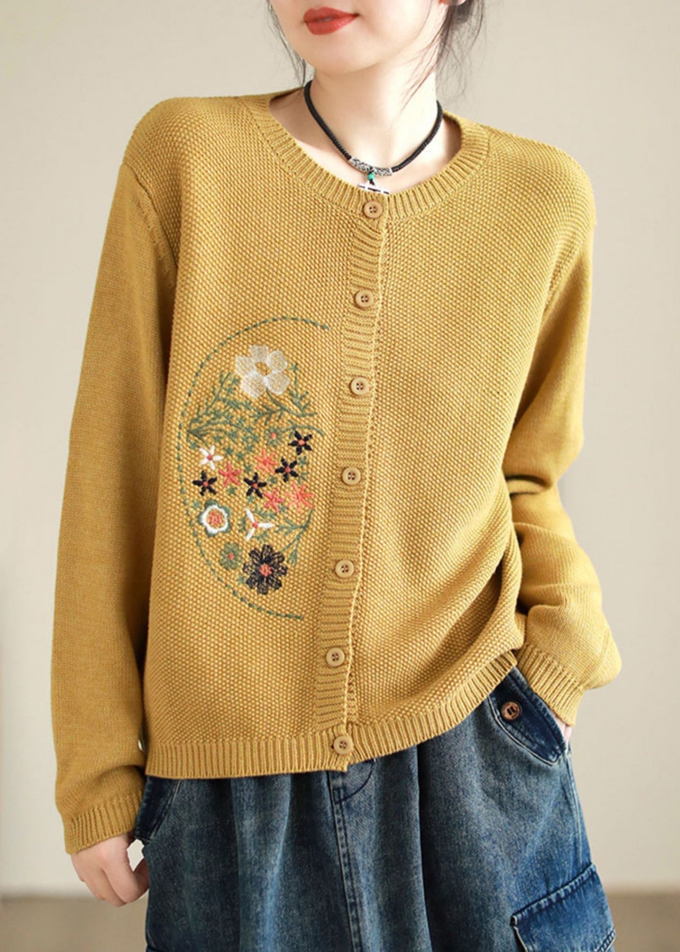 WW | Coffee Embroidered Button Patchwork Knit Cardigans