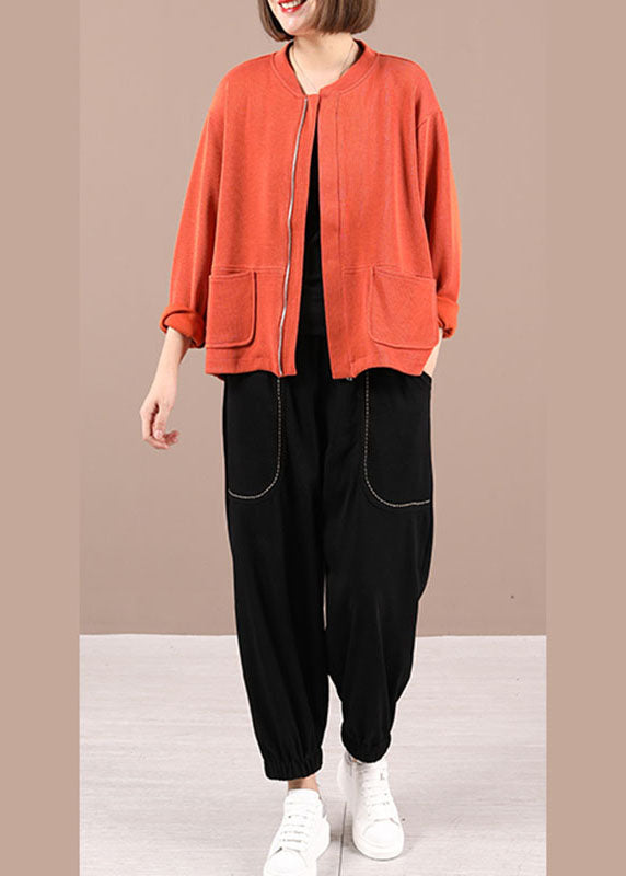 WW | Orange Loose Pocket Jackets With Long Sleeves