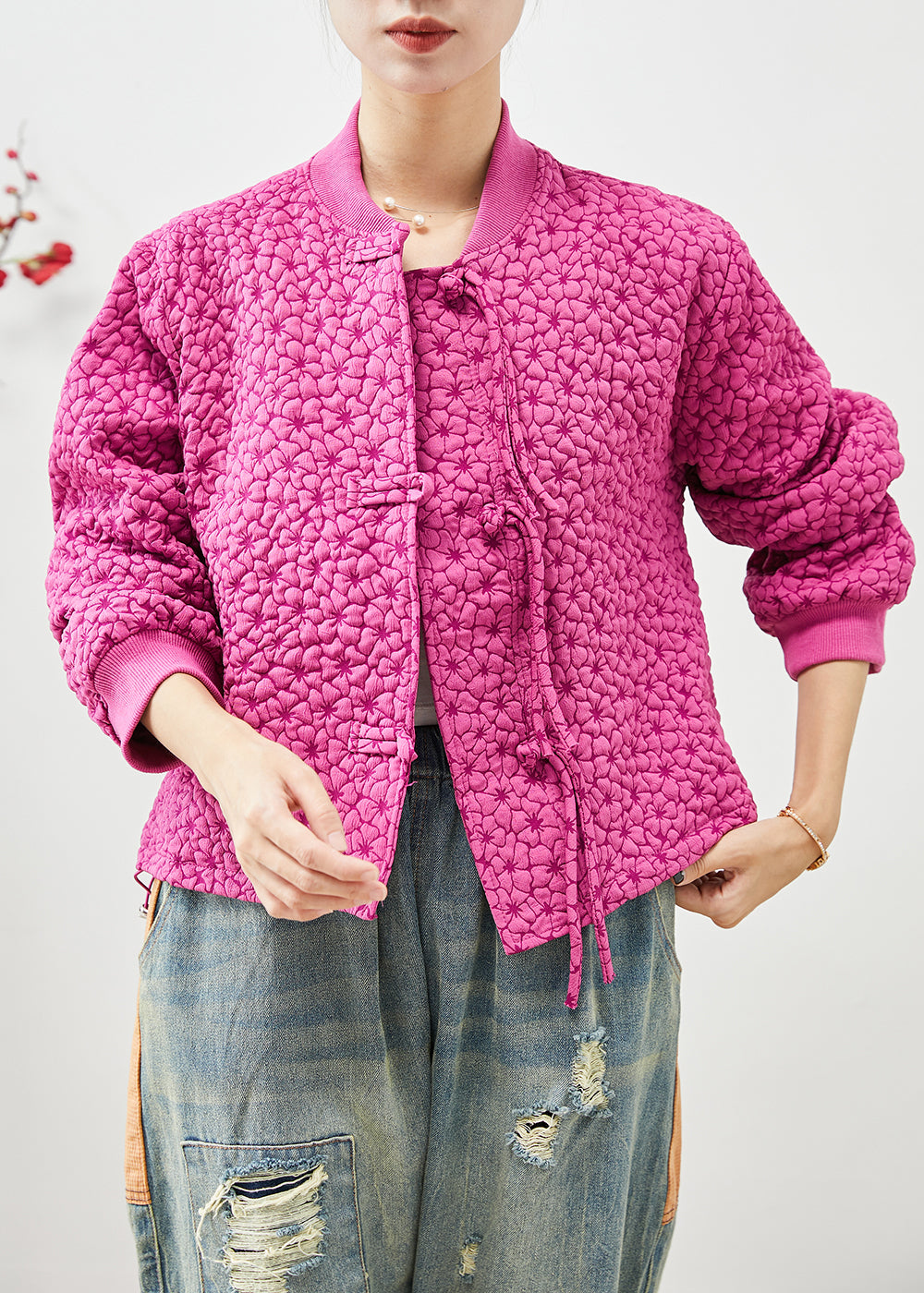 WW | Rose Stand-Up Collar Jacquard Drawstring Jackets