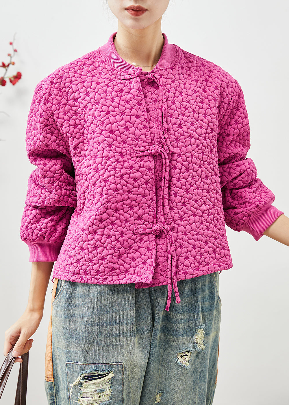 WW | Rose Stand-Up Collar Jacquard Drawstring Jackets