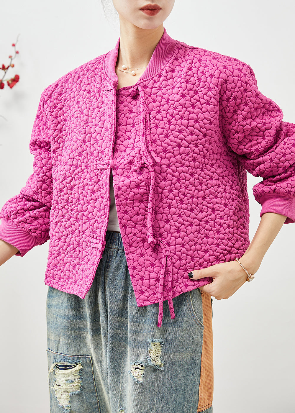 WW | Rose Stand-Up Collar Jacquard Drawstring Jackets
