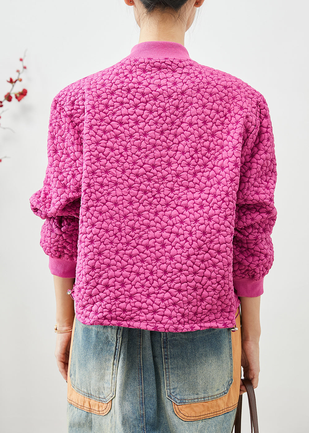 WW | Rose Stand-Up Collar Jacquard Drawstring Jackets