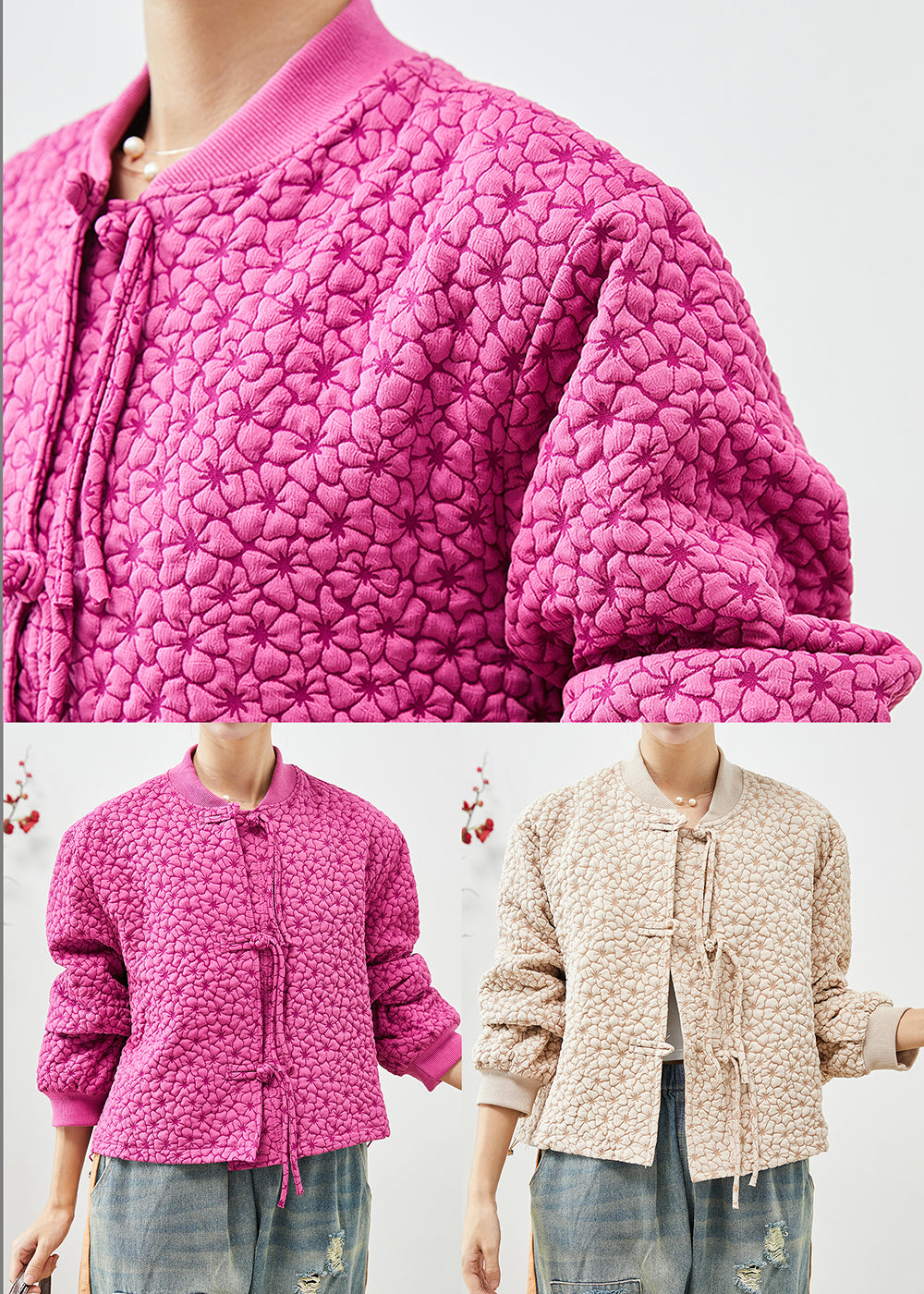 WW | Rose Stand-Up Collar Jacquard Drawstring Jackets