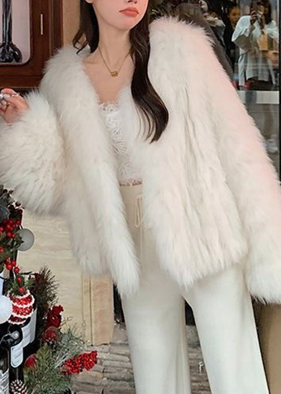 WW | White V-Neck Mink Velvet Coat Long Sleeves