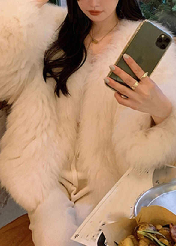 WW | White V-Neck Mink Velvet Coat Long Sleeves