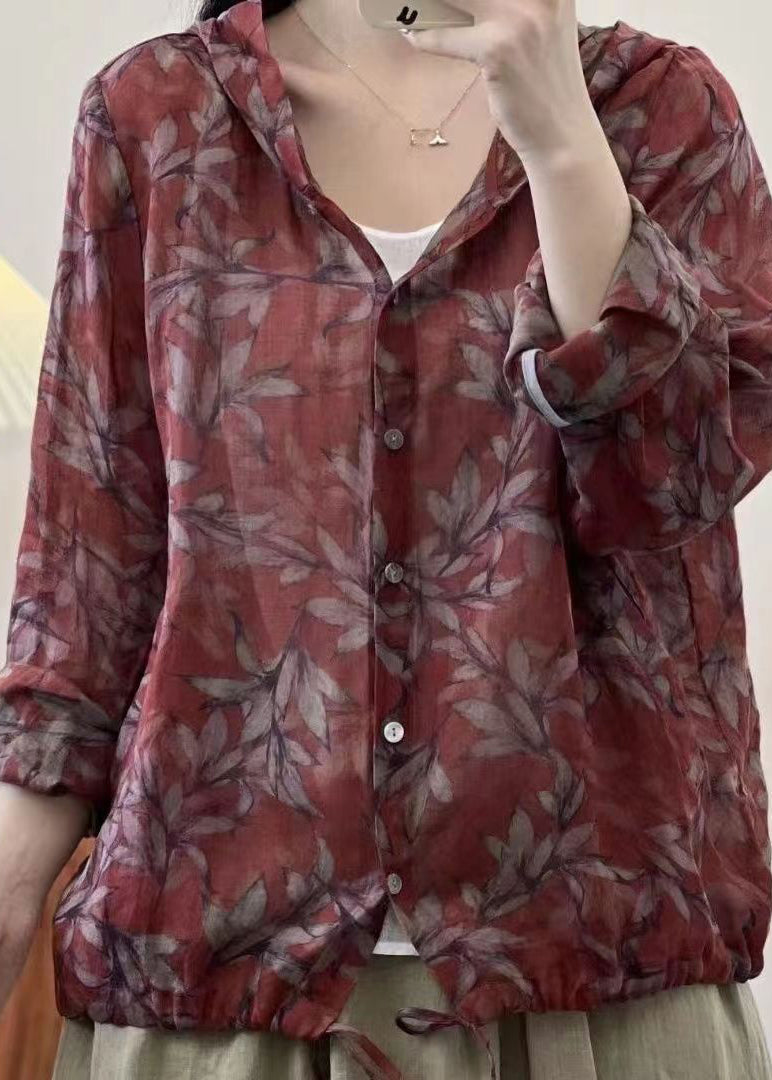 WW | Wine Red Hooded Printed Drawstring Linen Coats