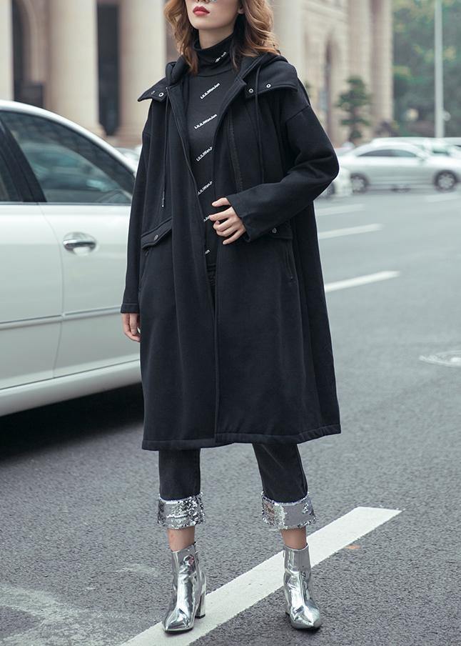 WW | Black Fine Coats for Women with Hood and Drawstring - Outdoor
