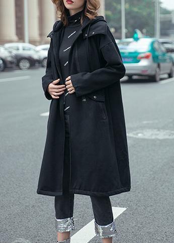 WW | Black Fine Coats for Women with Hood and Drawstring - Outdoor