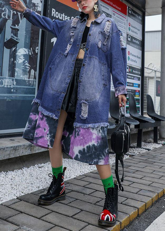 WW | Denim Blau Patchwork Feine Tuniken für Frauen Stoffe zerrissene Jacken