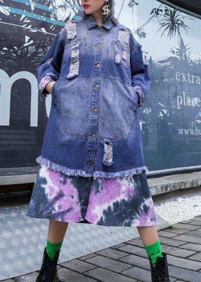 WW | Denim Blau Patchwork Feine Tuniken für Frauen Stoffe zerrissene Jacken