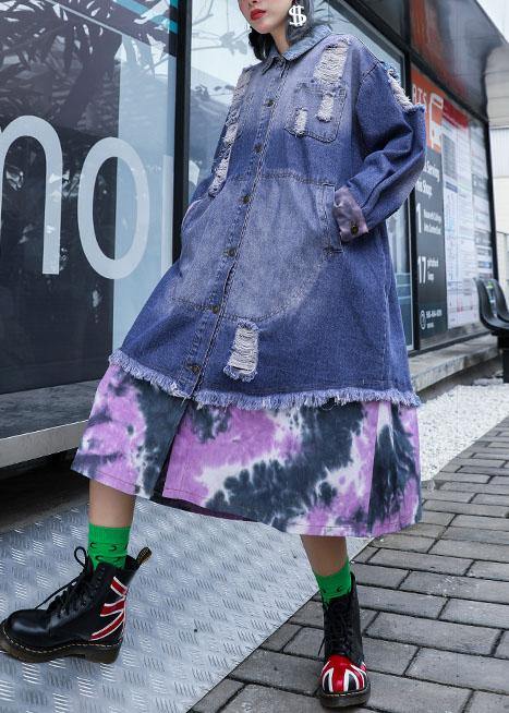 WW | Denim Blau Patchwork Feine Tuniken für Frauen Stoffe zerrissene Jacken