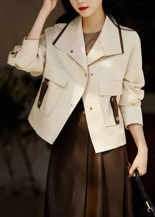 WW | Beige Peter Pan Collar Pockets Patchwork Cotton Coats
