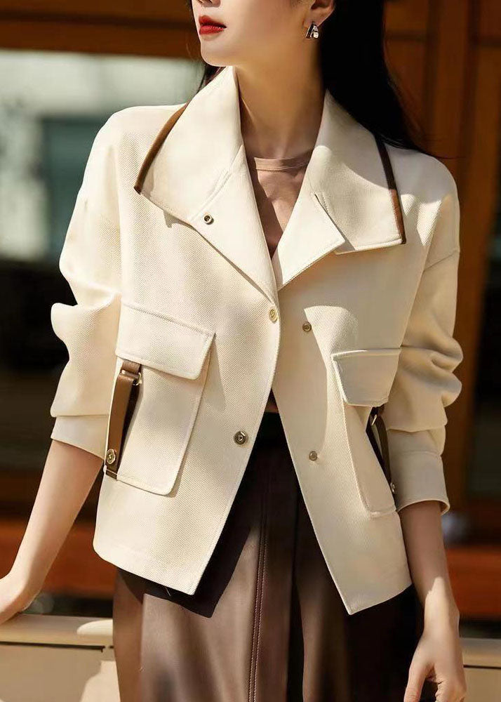WW | Beige Peter Pan Collar Pockets Patchwork Cotton Coats