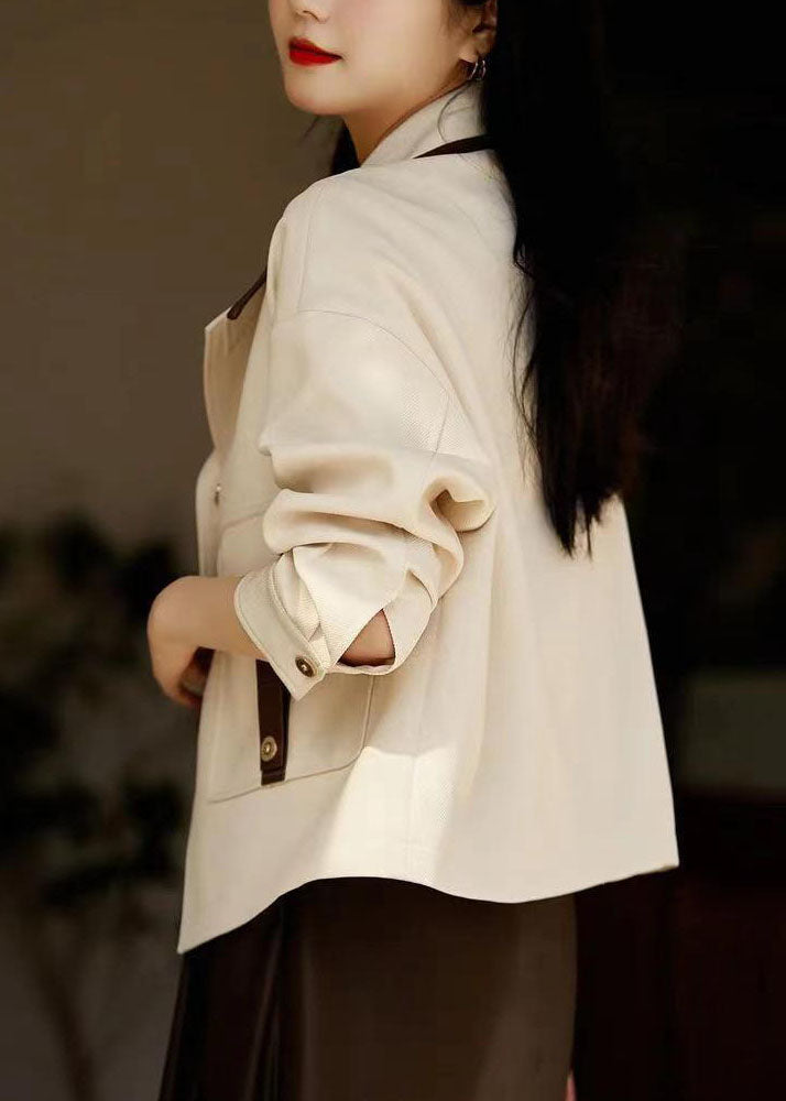 WW | Beige Peter Pan Collar Pockets Patchwork Cotton Coats