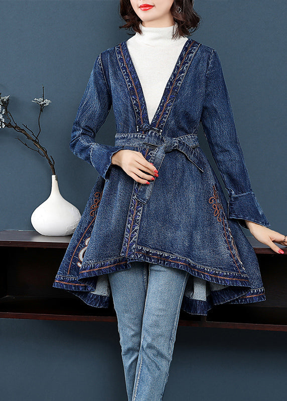 WW | Blaues V-Ausschnitt Besticktes Tailliertes Baumwoll-Denim-Trenchcoat Mit Langen Ärmeln