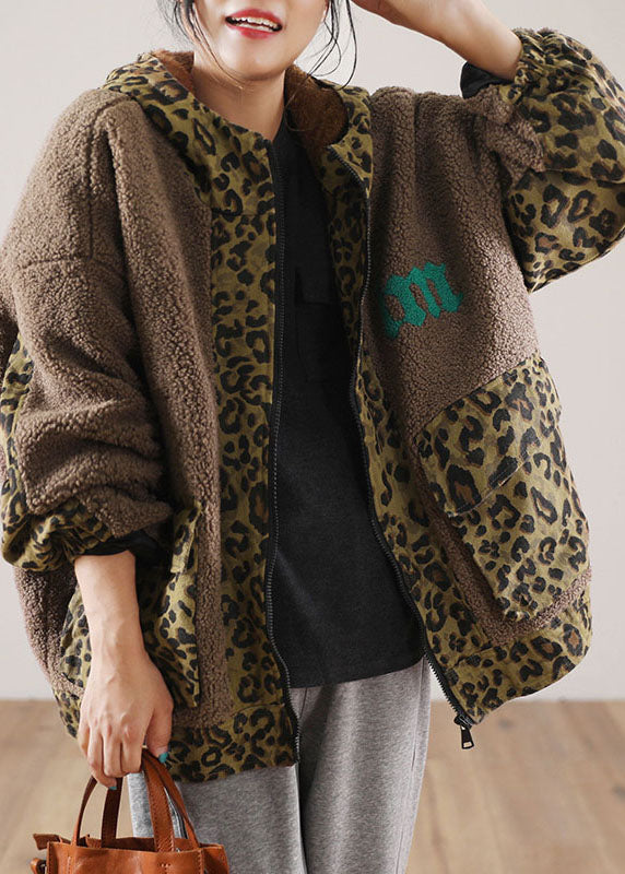 WW | Braune Kapuzen-Patchwork-Leopard-Faux-Fur-Jacken Winter