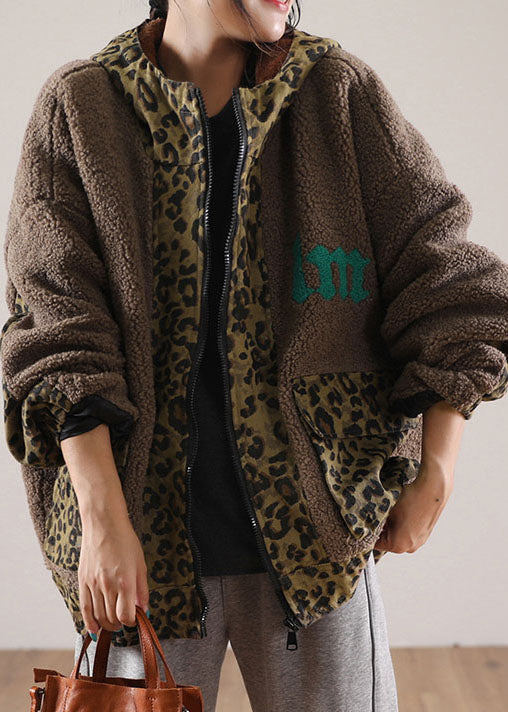 WW | Brown Hooded Patchwork Leopard Faux Fur Jackets Winter