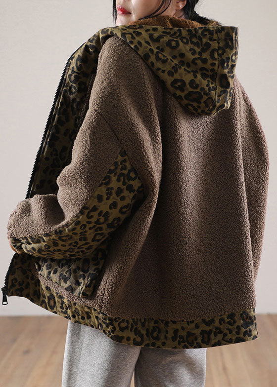 WW | Brown Hooded Patchwork Leopard Faux Fur Jackets Winter