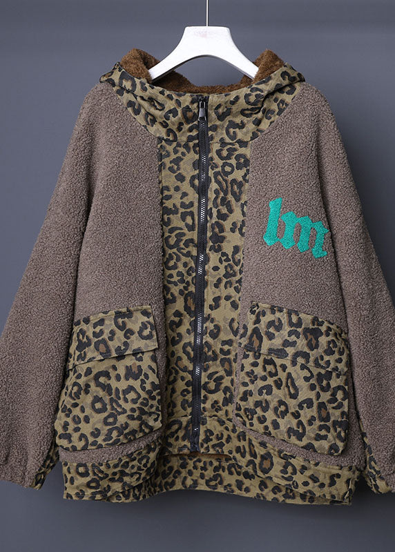 WW | Braune Kapuzen-Patchwork-Leopard-Faux-Fur-Jacken Winter