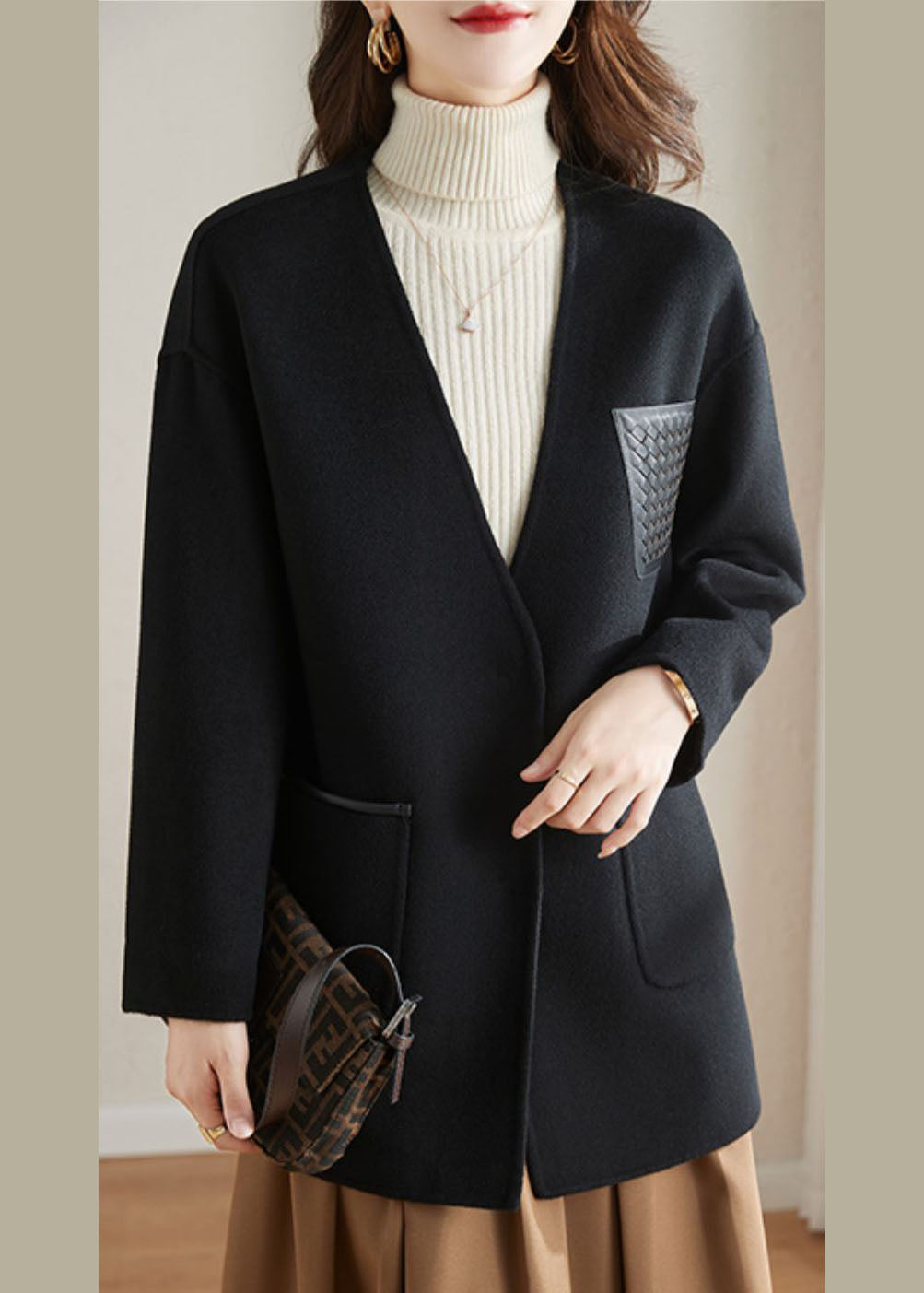 WW | Camel V-Neck Patchwork Button Wool Blend Coats