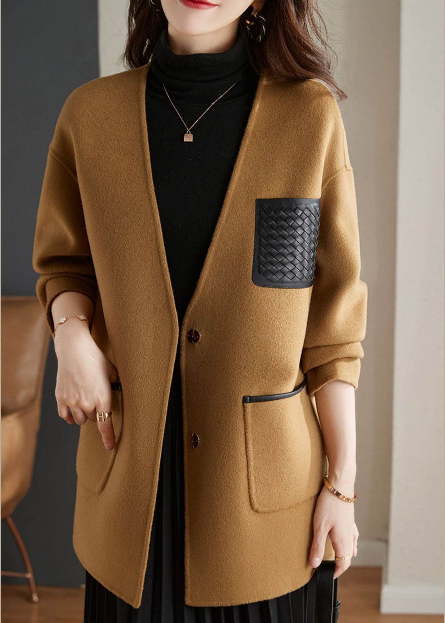 WW | Kamel V-Ausschnitt Patchwork Knopf Wollmischung Mäntel