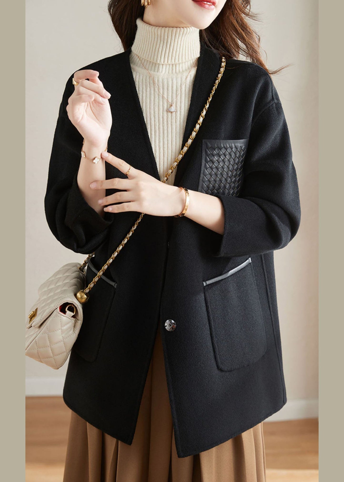WW | Camel V-Neck Patchwork Button Wool Blend Coats