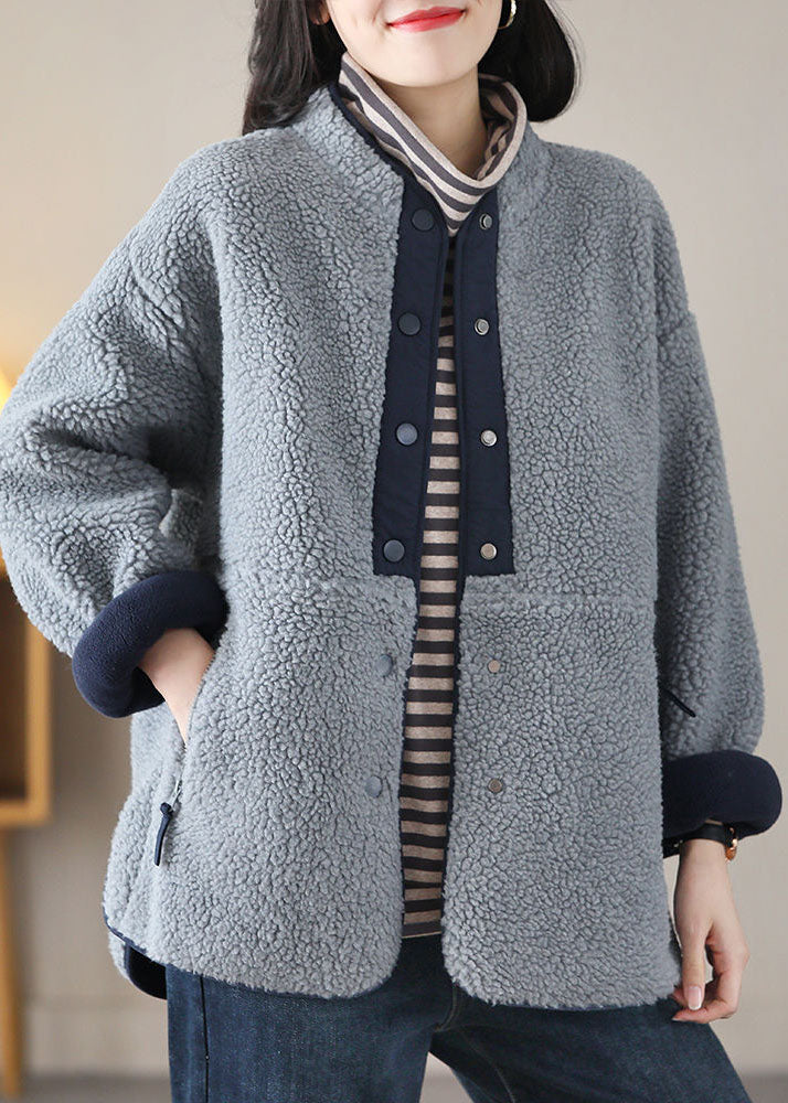 WW | Gray Blue Stand Collar Patchwork Teddy Faux Fur Jackets
