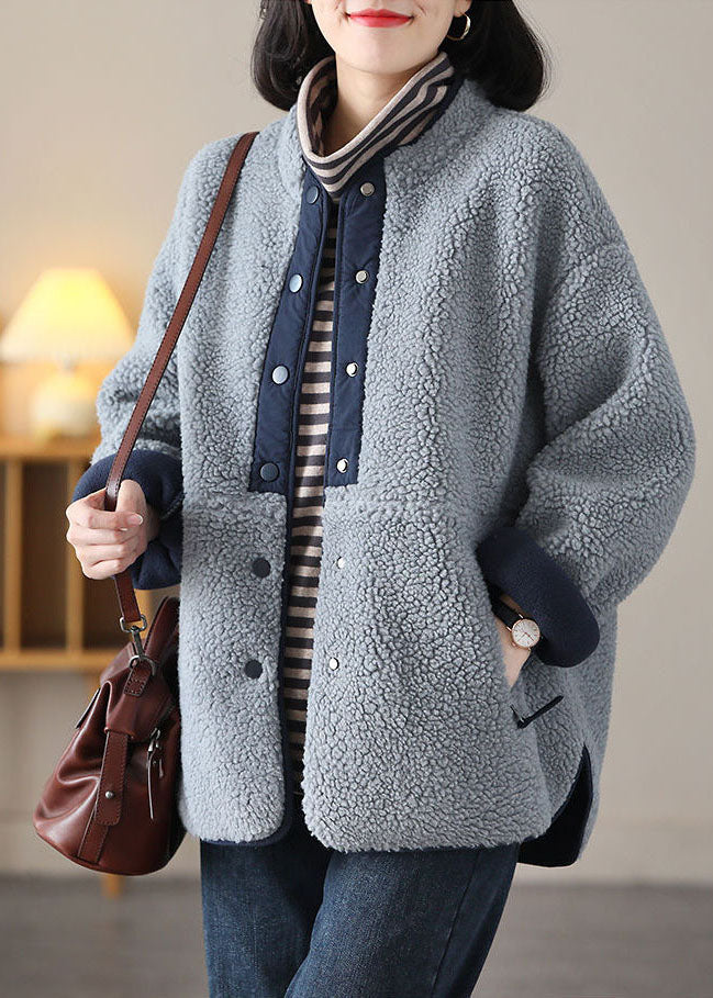 WW | Gray Blue Stand Collar Patchwork Teddy Faux Fur Jackets