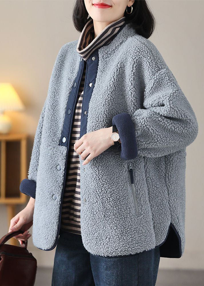 WW | Gray Blue Stand Collar Patchwork Teddy Faux Fur Jackets